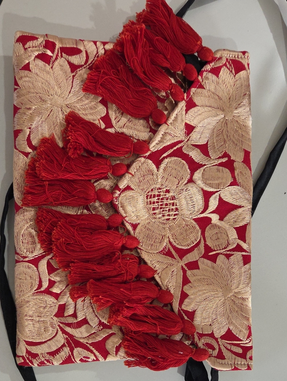 Red Floral Embroidered Tassel Clutch Shoulder Bag